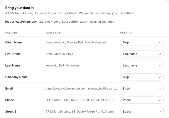 The import screen showing a Jobber export recognized, with each column matched to a field.