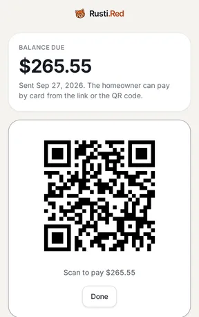 An invoice on the tech's phone: $265.55 due, and a QR code the homeowner scans to pay by card.
