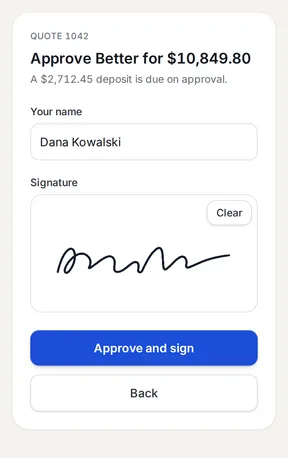 The signing card on a phone: approve Better for $10,849.80, the name Dana Kowalski, and a signature.